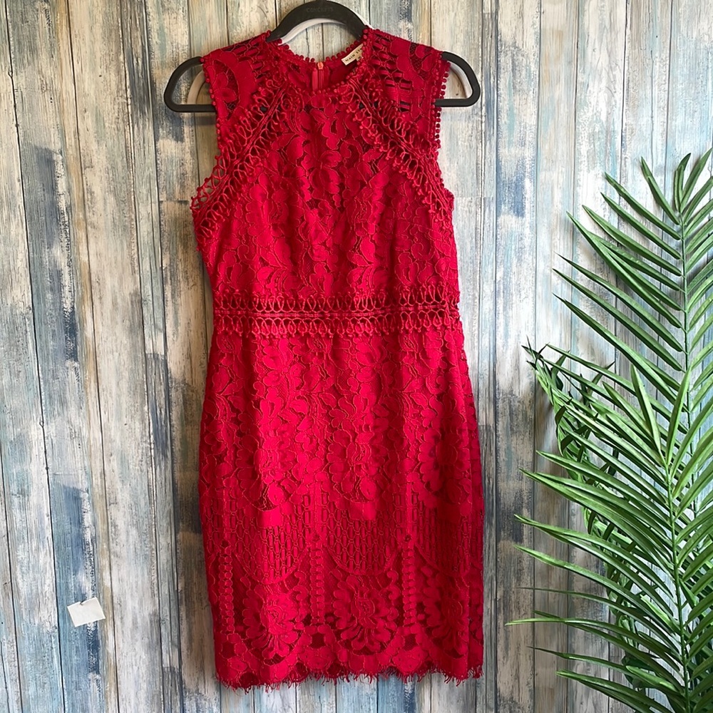 Red sleeveless lace dress